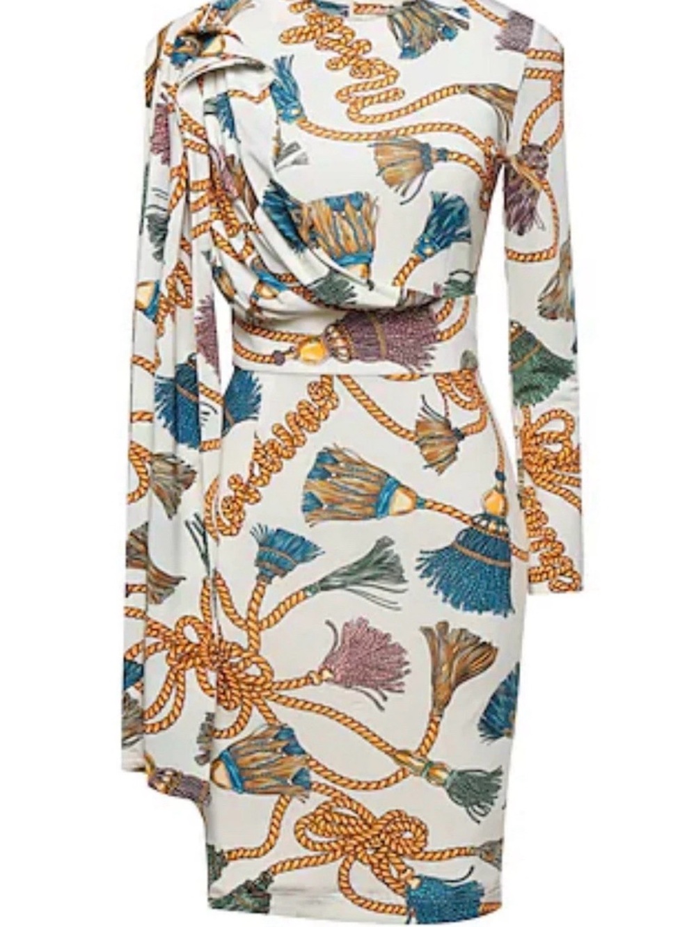 Moschino Couture Long-Sleeve Sheath Dress with Multicolor Tassel & Rope Print